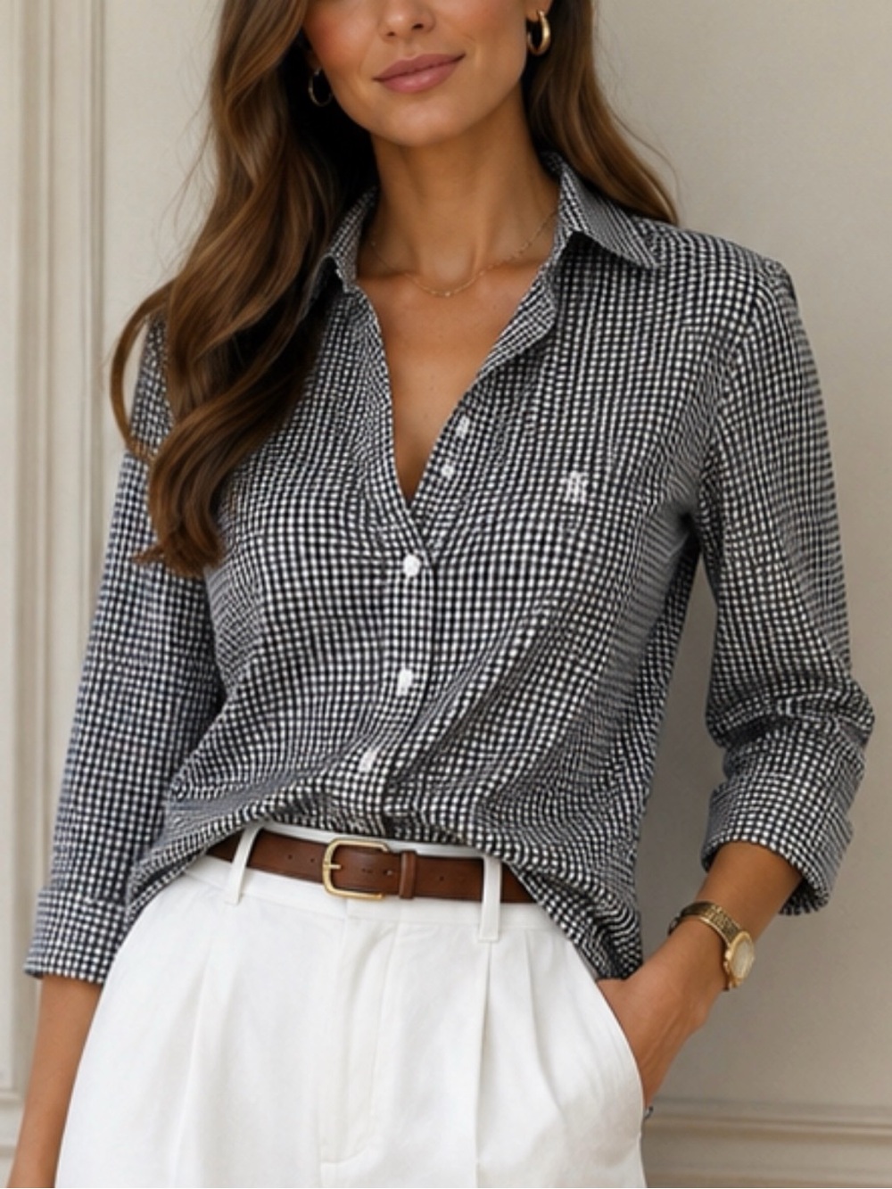 Lauren Ralph Lauren Black and White Three-quarter sleeves Button-Down Shirt